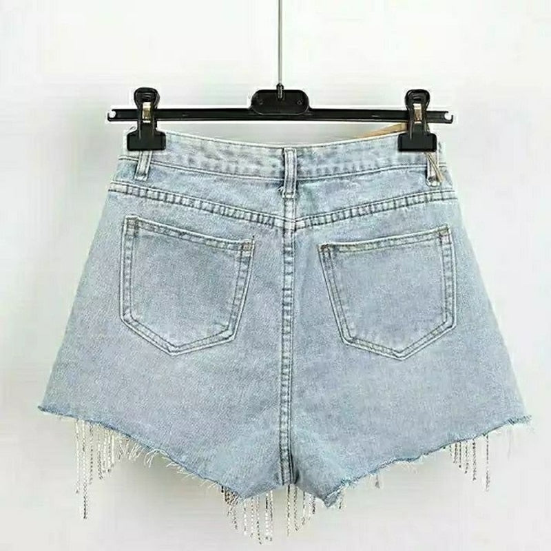 Summer Ripped Jeans Short Femme High Waist Diamond Tassel Casual