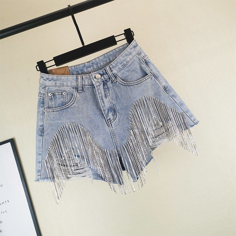 Summer Ripped Jeans Short Femme High Waist Diamond Tassel Casual