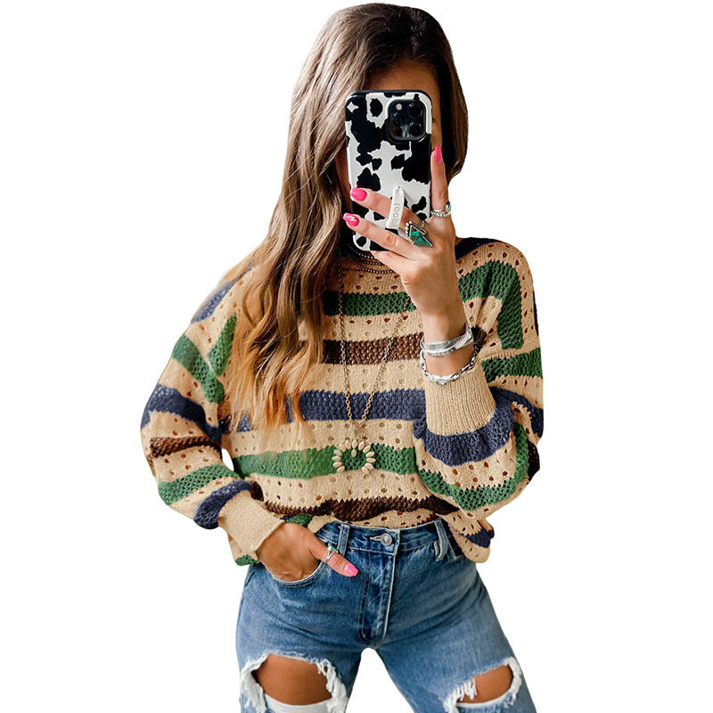 Women's Stitching Striped Round Neck Sweater