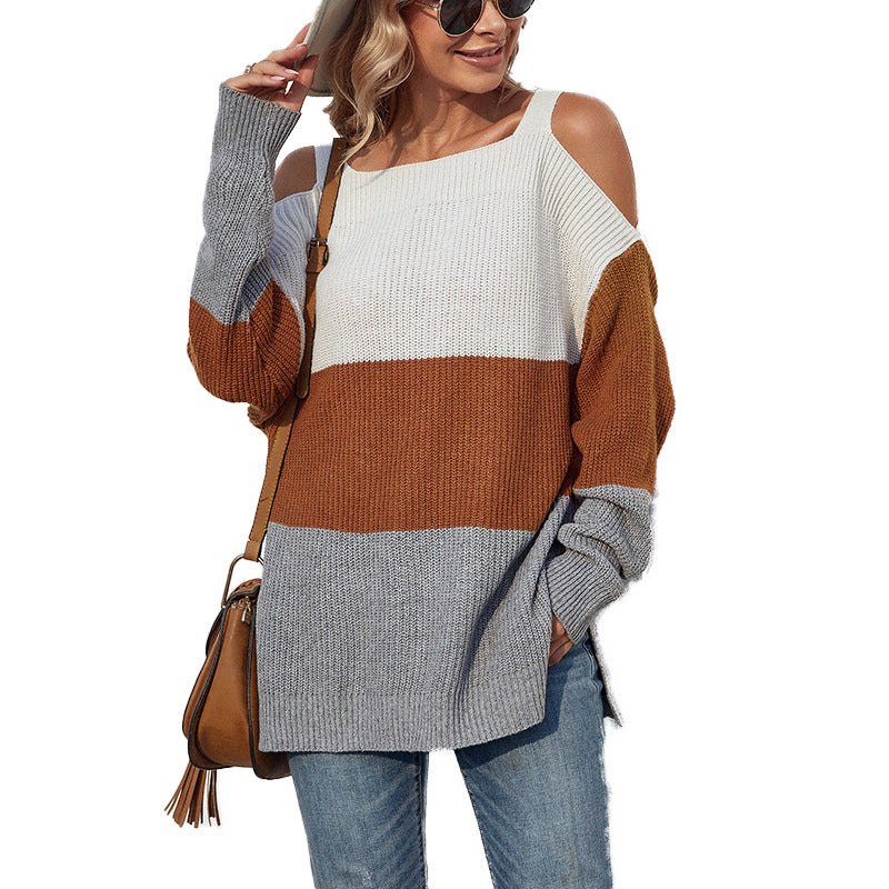 Schulterfreier, schulterfreier Sling-Pullover in Kontrastfarbe für Damen