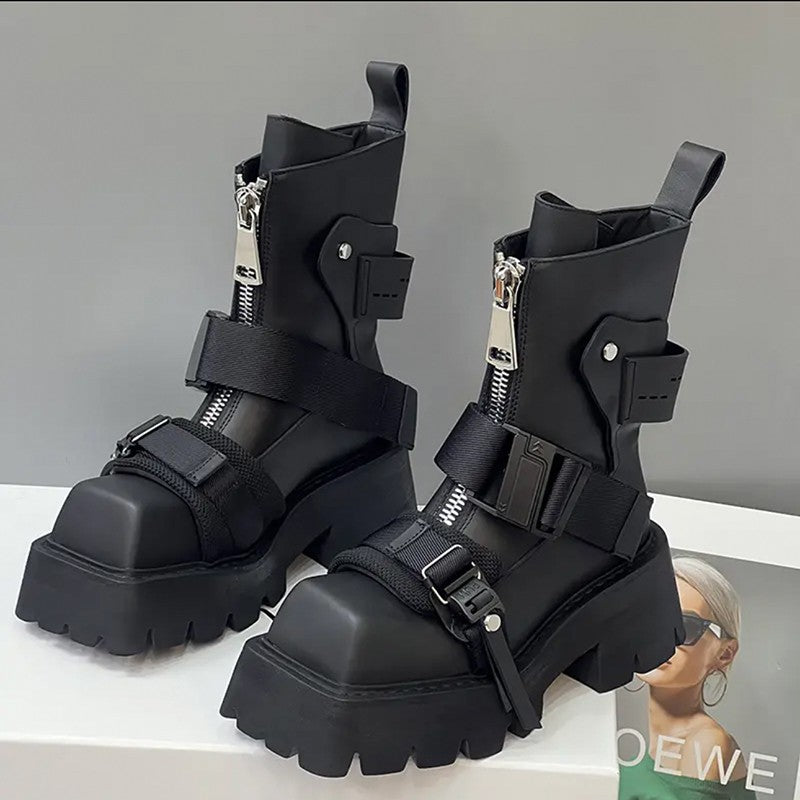 Leather Female Square Ankle Boots