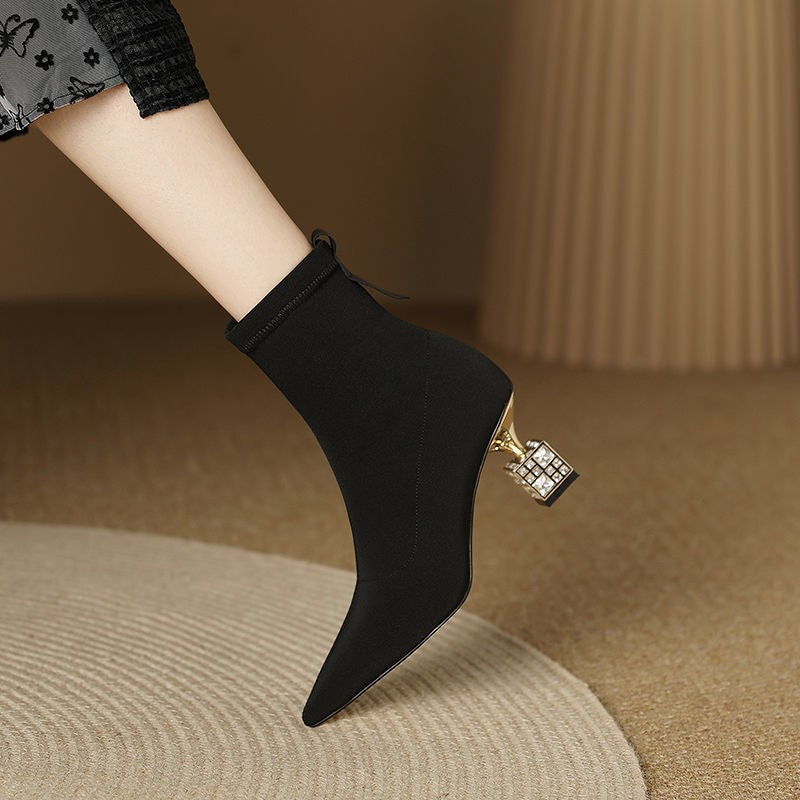 Women Pointed Toe Mid-calf High-heeled Skinny Boots