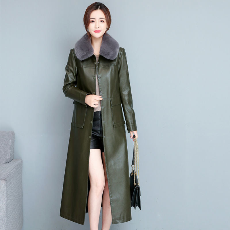 Ladies Fashion Thin Leather Trench Coat