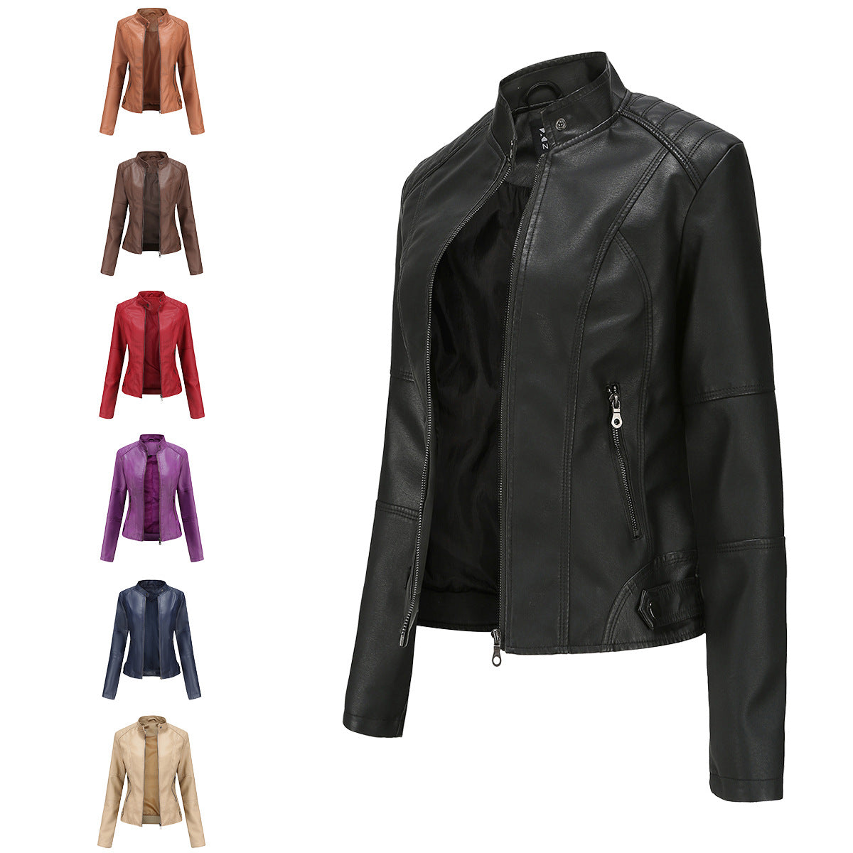 Women's Large Size Stand Collar Slim-fit Leather Jacket