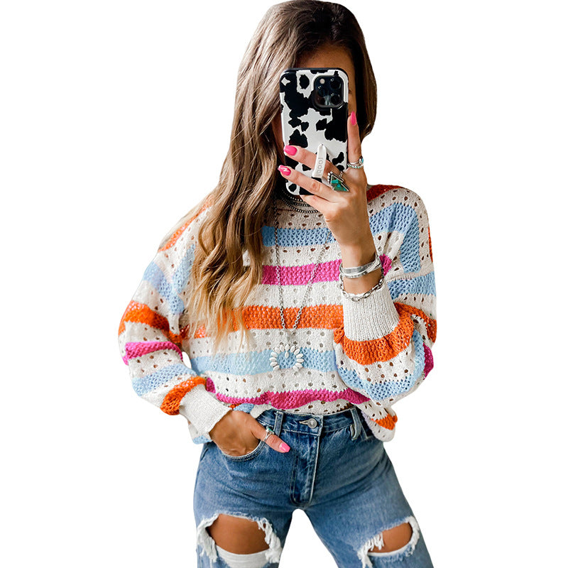 Women's Stitching Striped Round Neck Sweater