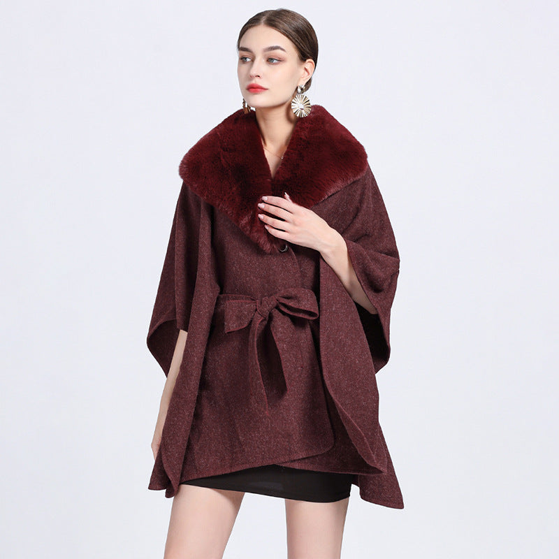 Rabbit Fur Collar Knit Shawl Cape