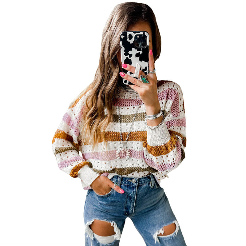 Women's Stitching Striped Round Neck Sweater