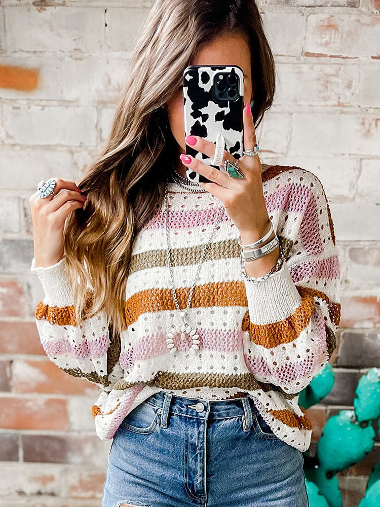 Women's Stitching Striped Round Neck Sweater