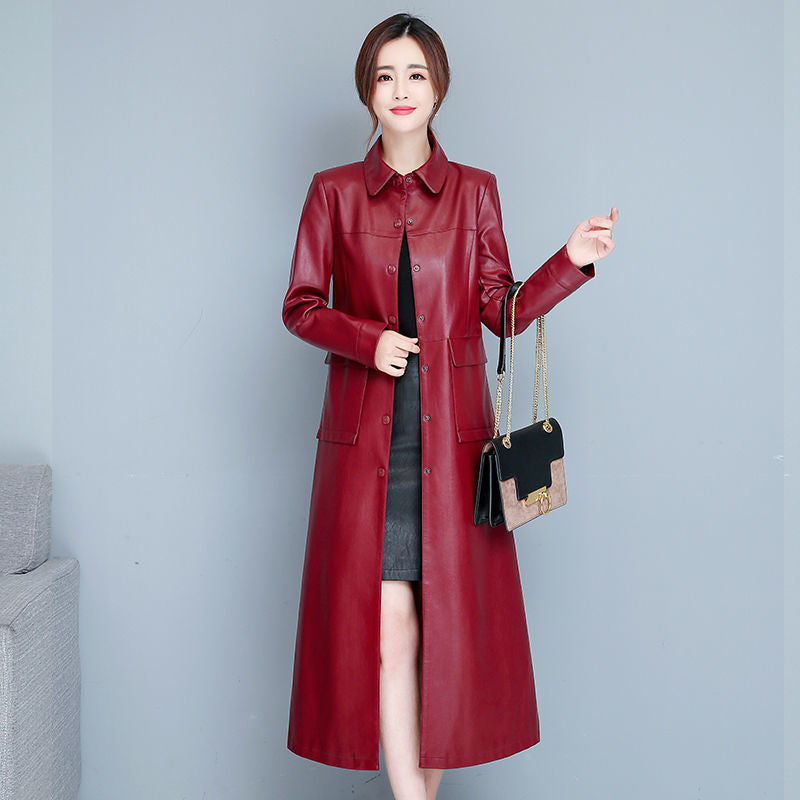 Ladies Fashion Thin Leather Trench Coat