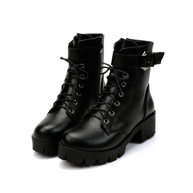 Women's Heel Lace-up Belt Buckle Waterproof Boots