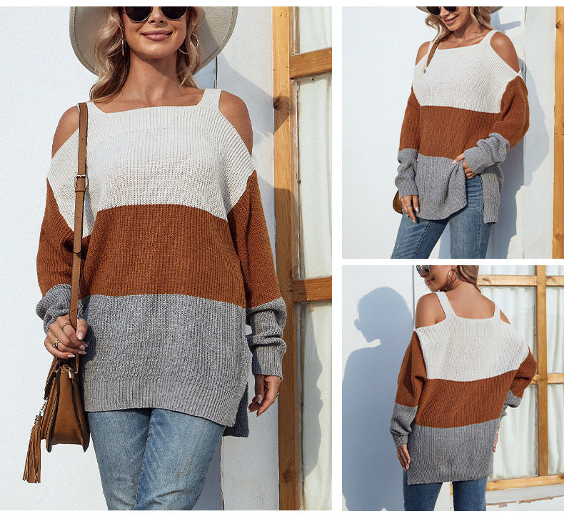 Schulterfreier, schulterfreier Sling-Pullover in Kontrastfarbe für Damen