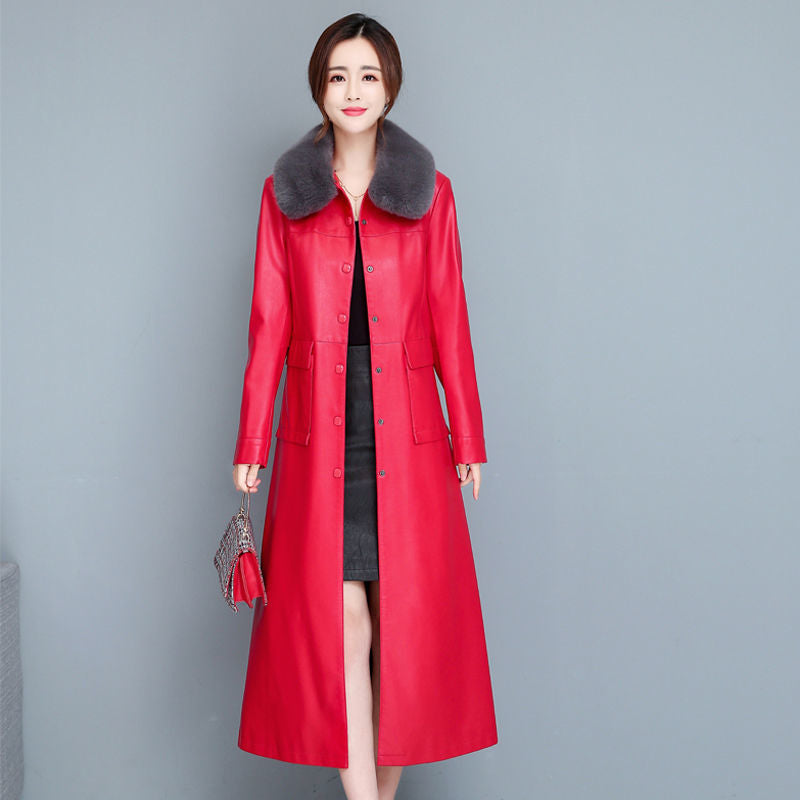 Ladies Fashion Thin Leather Trench Coat