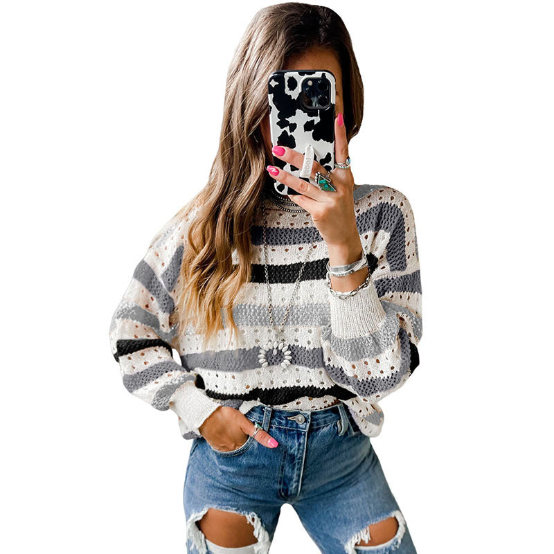 Women's Stitching Striped Round Neck Sweater